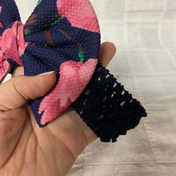 Infant Headband Navy Band Navy With Pink Floral Bow Size Newborn B302 - Picture 6 of 9